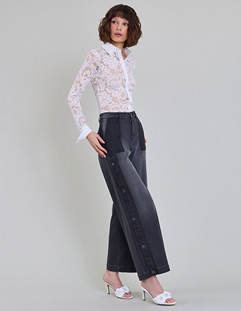 Grey Two Toned Wide Legged Denim With Snap Button Detail
