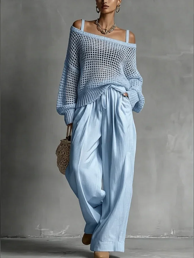 Casual Plain Hollow Out Cold Shoulder Knit Top