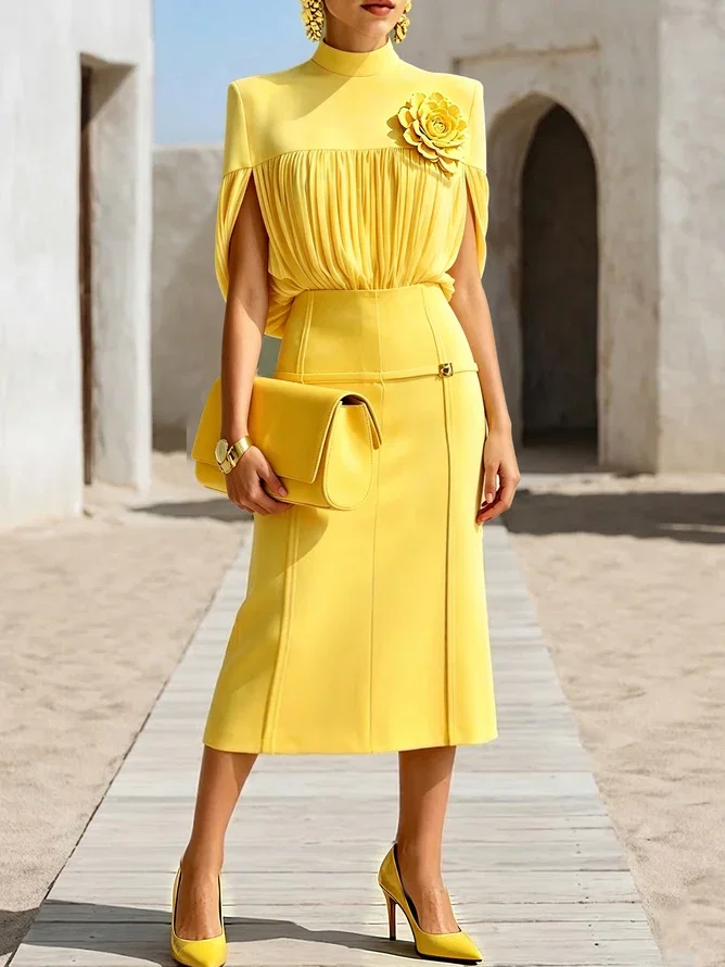 Elegant Solid Ruched Stand Collar Blouse for Party