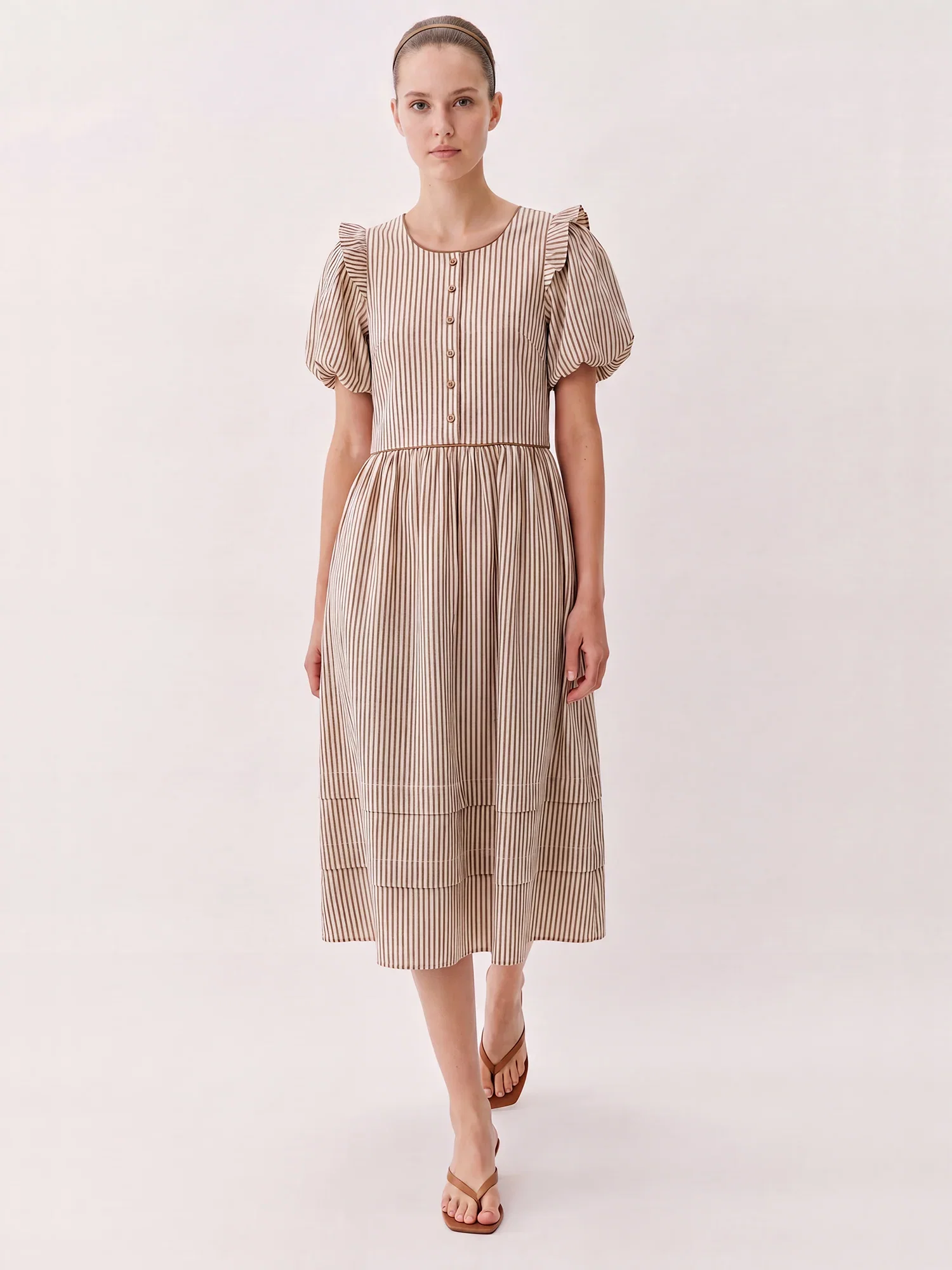 Image of Shortsleeves Puff Sleeve Button Front A Line Striped Midi Dress