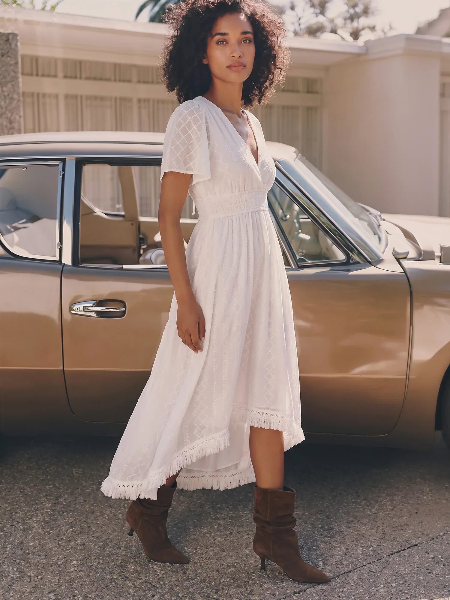 Image of Cap Sleeve Surplice Bodice High Low Midi Dress