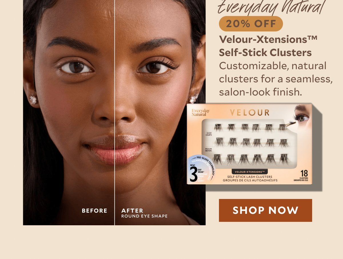 Everyday Natural Velour-Xtensions™ Self-Stick Clusters — 20% Off​  Customizable, natural clusters for a seamless, salon-look finish.​