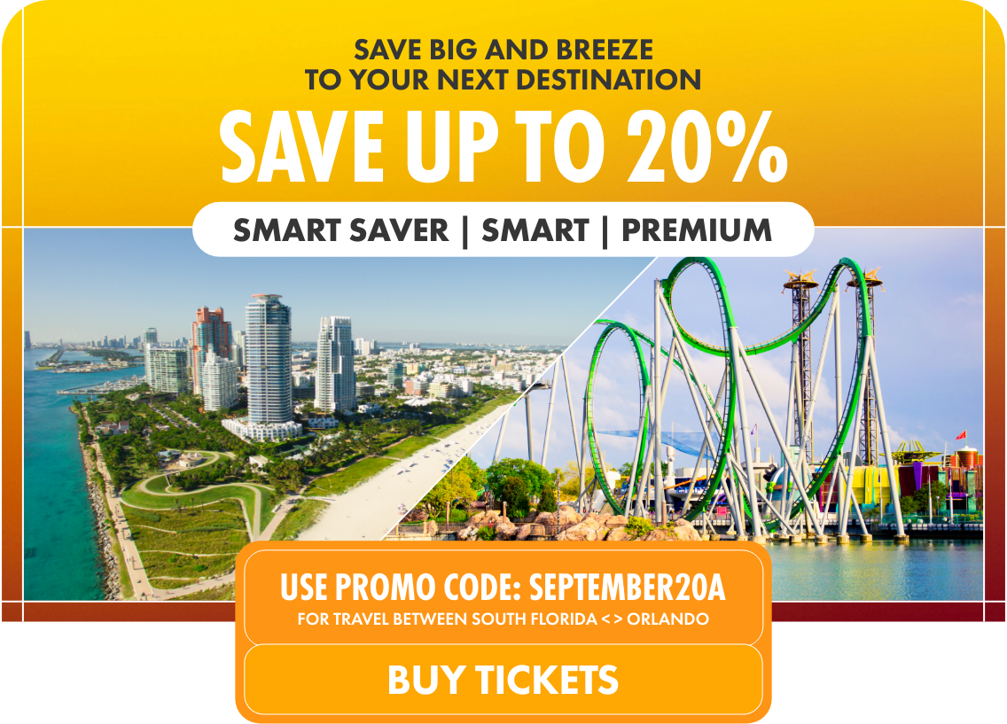 Promotional travel banner advertises savings of up to 20% on tickets between South Florida and Orlando. The design is split between a coastal city skyline and a colorful amusement park with roller coasters. Bold yellow and orange gradients highlight the main offer text and ticket call-to-action button. The banner features a promo code "SEPTEMBER20A" and emphasizes smart saver and premium options.