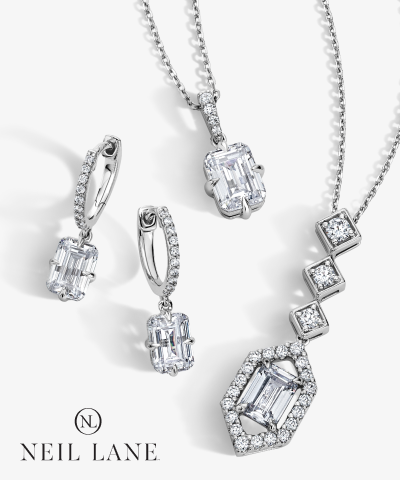 Diamond earrings and pendant necklaces featuring emerald-cut stones in white gold.