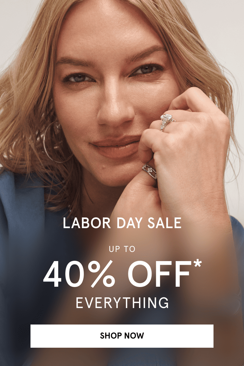 A model wearing stacked diamond rings. Labor Day sale. Up to 40% off everything. Click shop now.