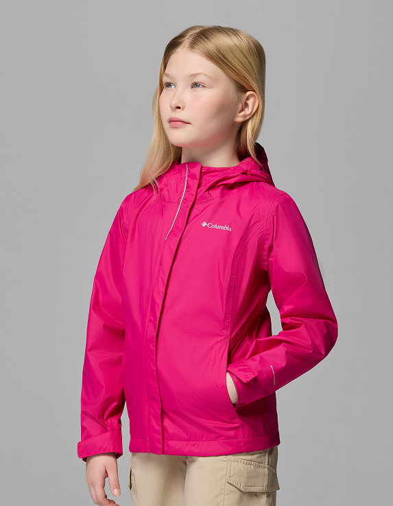 A little girl wearing a bright pink rain jacket.
