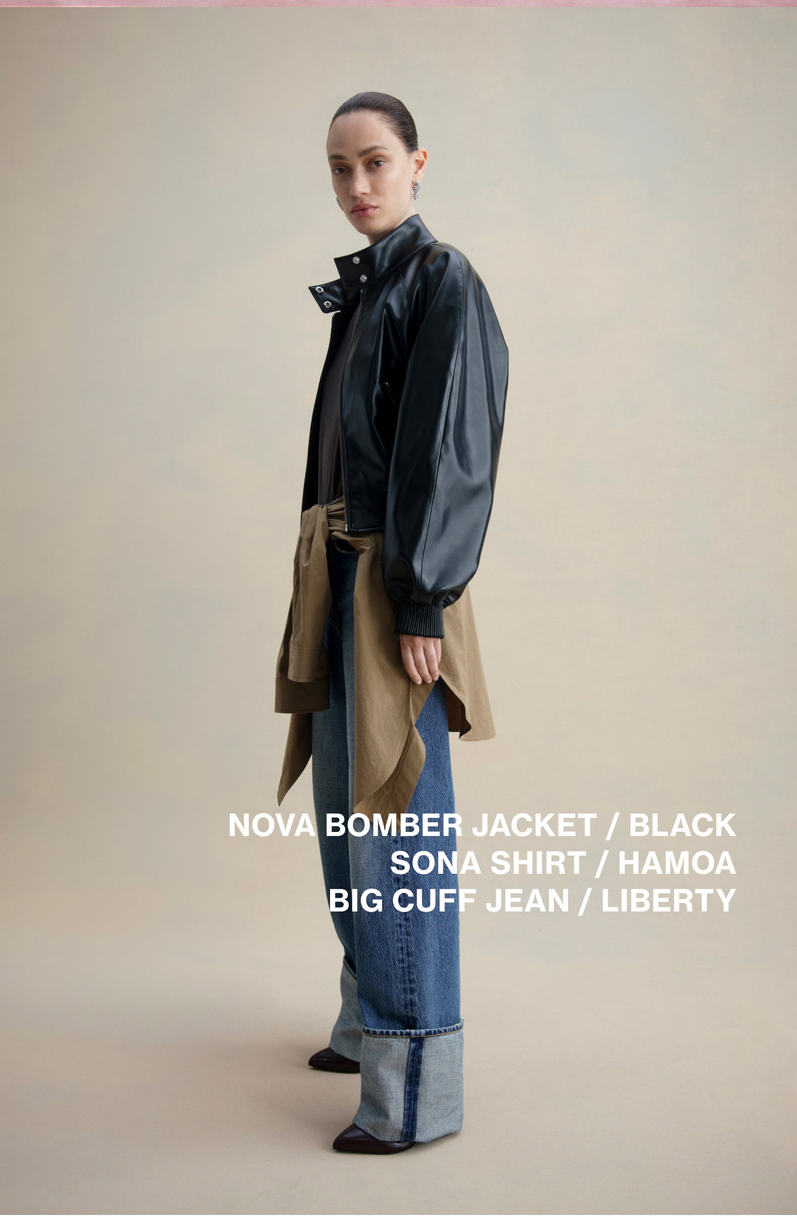 Nova Bomber Jacket in Black / Sona Shirt in Hamoa / Big Cuff Jean in Liberty