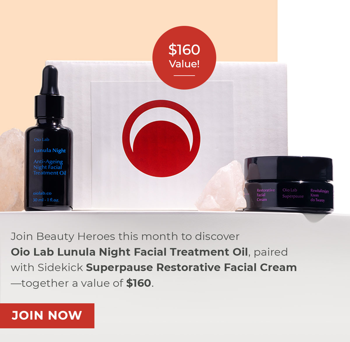Join Beauty Heroes this month to discover Oio Lab Lunula Night Facial Treatment Oil, paired with Sidekick Superpause Restorative Facial Cream—together a value of $160. 