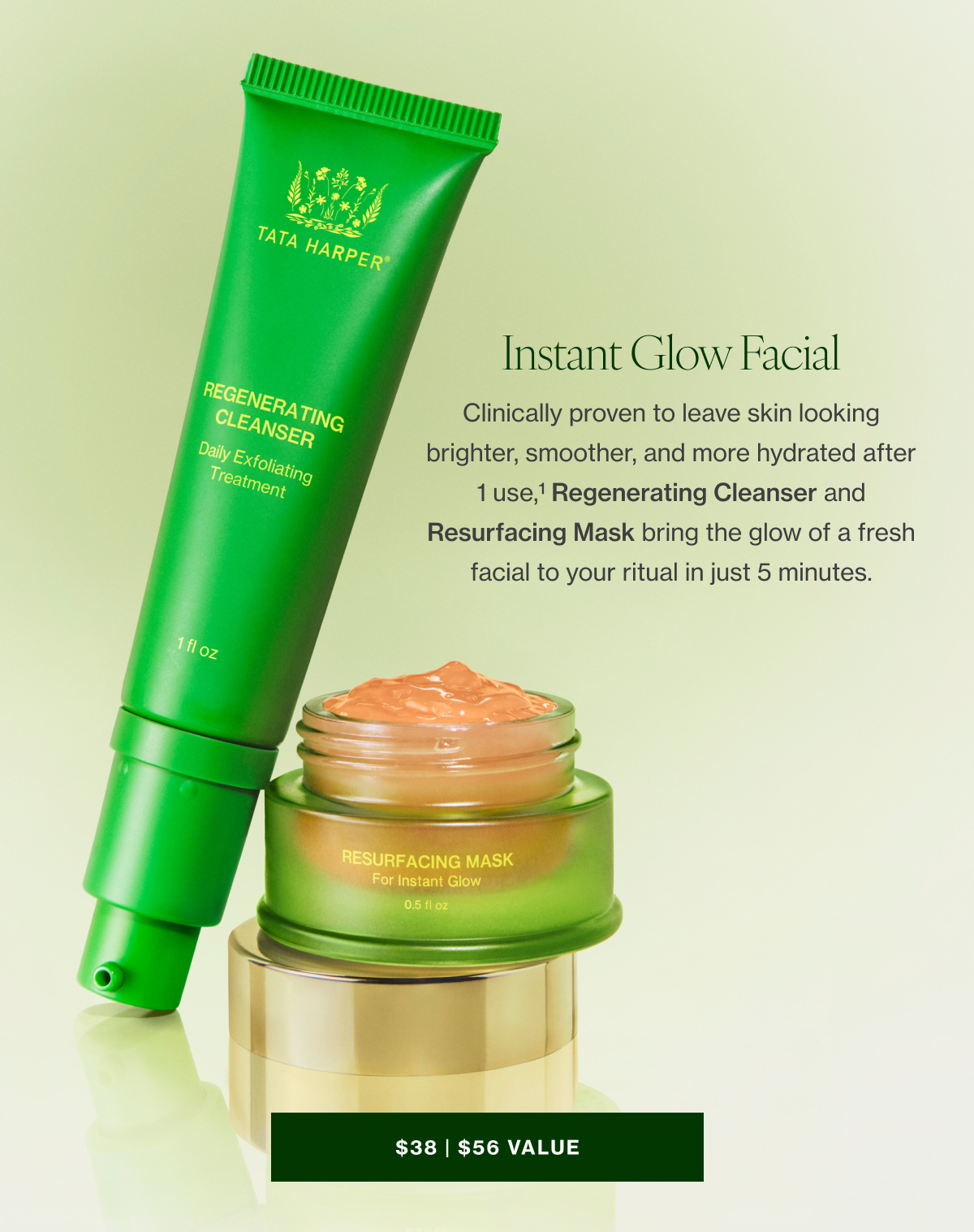 Clinically proven to leave skin looking brighter, smoother, and more hydrated after 1 use,1 Regenerating Cleanser and Resurfacing Mask bring the glow of a fresh facial to your ritual in just 5 minutes.  