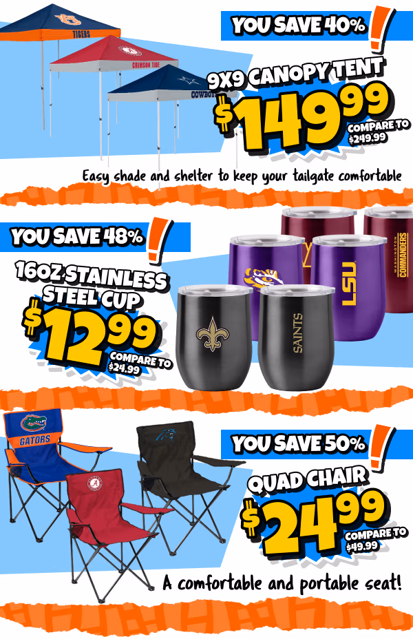 Tailgating items such as a canopy tent, 16oz stainless steel cups, and foldable quad chairs