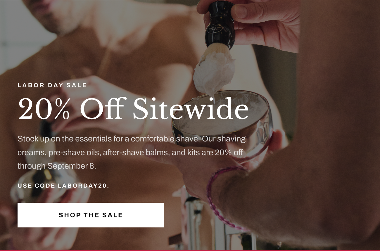 Header text, “Labor Day Sale: 20% Off Sitewide” with “Shop the Sale” button.