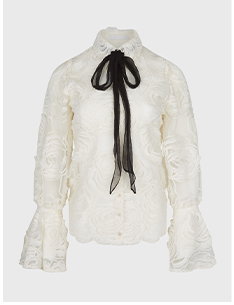 White Sheer Designer Shirt with Embroidered Rosettes