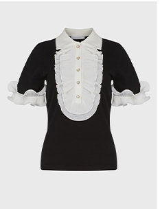 Black Short Sleeve Cotton Top With Contrasting White Ruffle Placket and Cuffs
