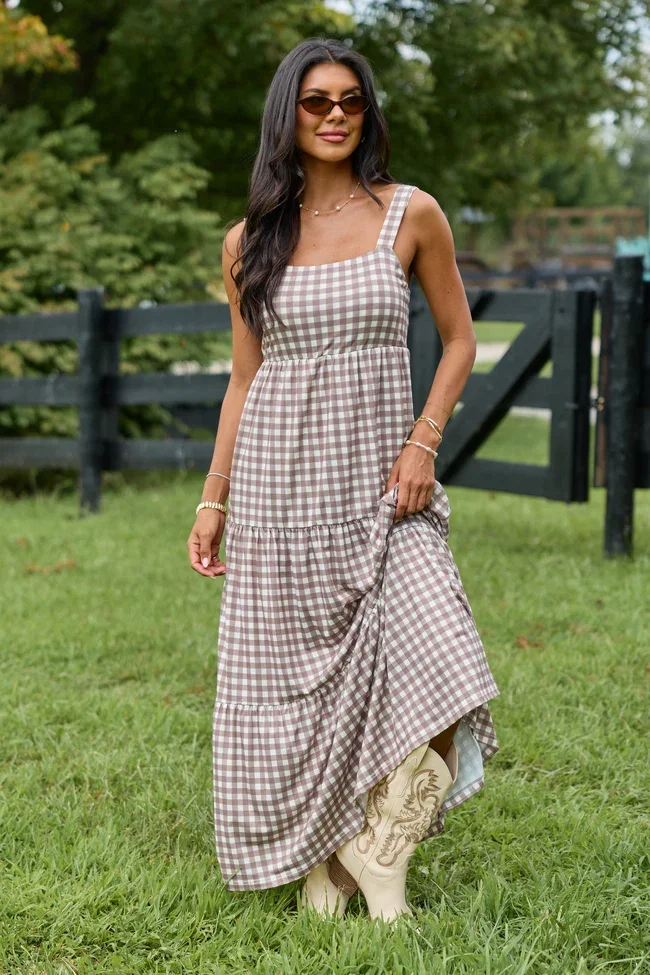 Image of Time For Something Gingham Knit Maxi Dress Taupe