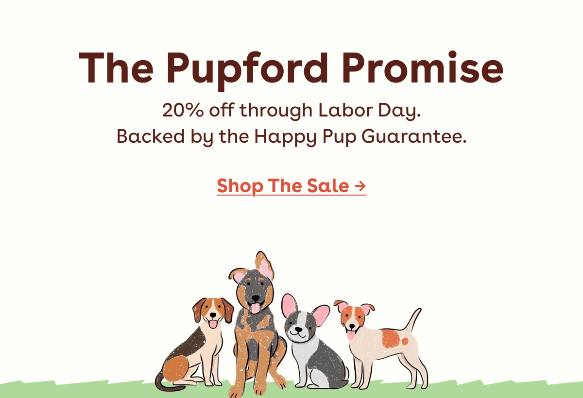 20% off through Labor Day. Backed by the Happy Pup Guarantee.