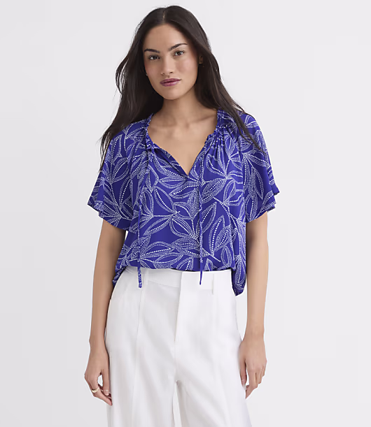 Leafed Ruffle Tie Neck Mixed Media Blouse