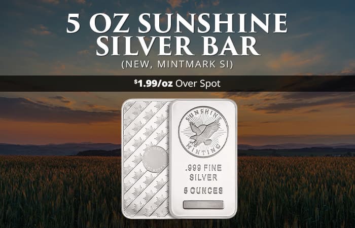 FLASH SALE: 5 oz Sunshine Silver Bar (New, MintMark SI)