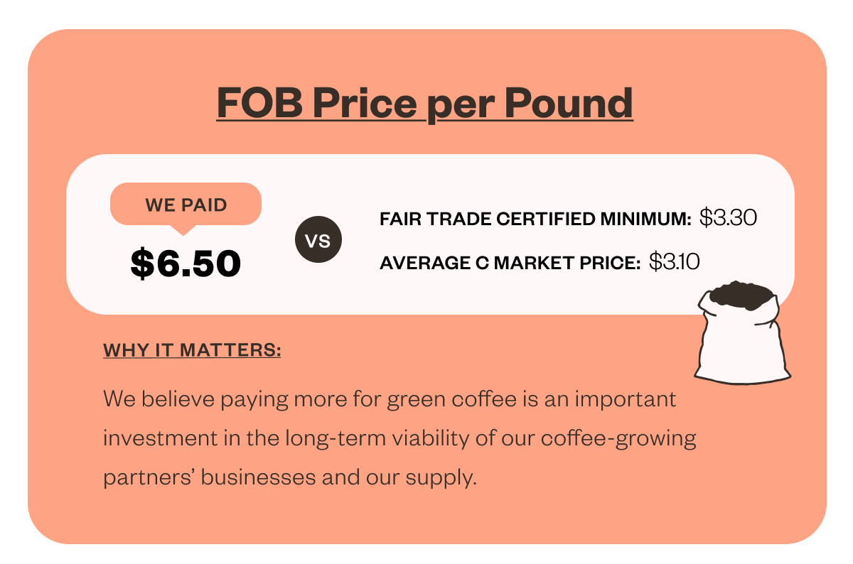FOB Price per Pound We paid $6.50 vs Fair Trade Certified Minimum: $3.30 average c market price: $3.10 Why it matters We believe paying more for green coffee is an important investment in the long-term viability of our coffee-growing partners' businesses and our supply.