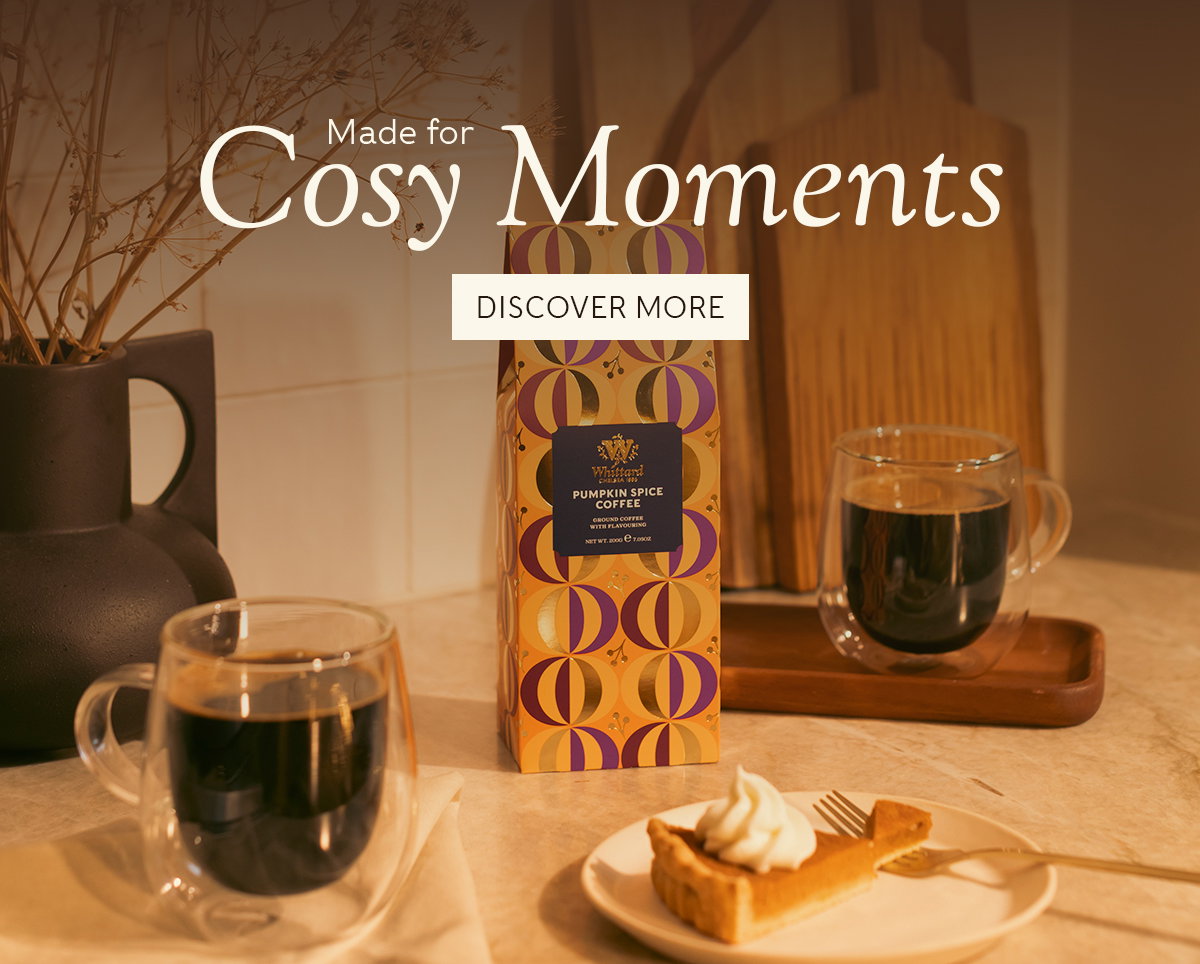 Image of pumpkin Spice coffee with made up drinks and pumpkin pie with 'Made for Cosy Moments' and a discover more CTA 