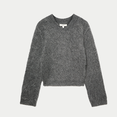 Mid Grey Wool Blend V-Neck Jumper with Mohair