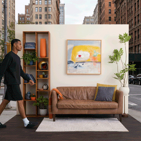 Off duty lounge on Model walking through a set
