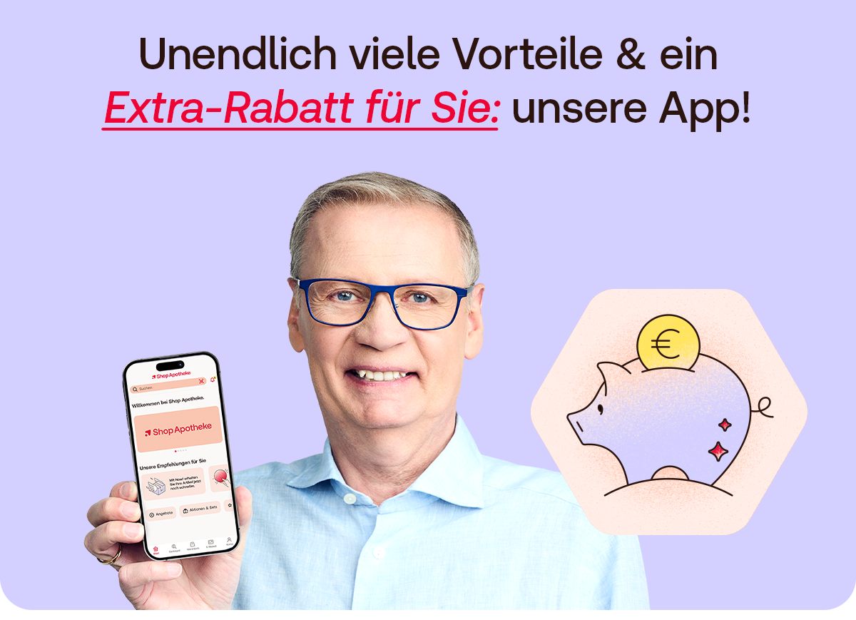 Mann zeigt Smartphone mit Shop Apotheke App. Text: „Extra-Rabatt für Sie: unsere App!“ Symbol für Sparvorteile.