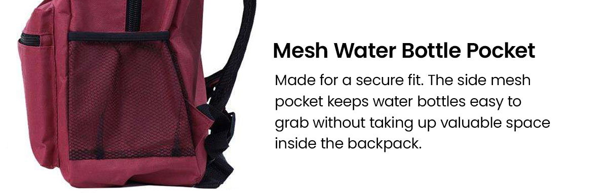 Mesh water bottle pocket.