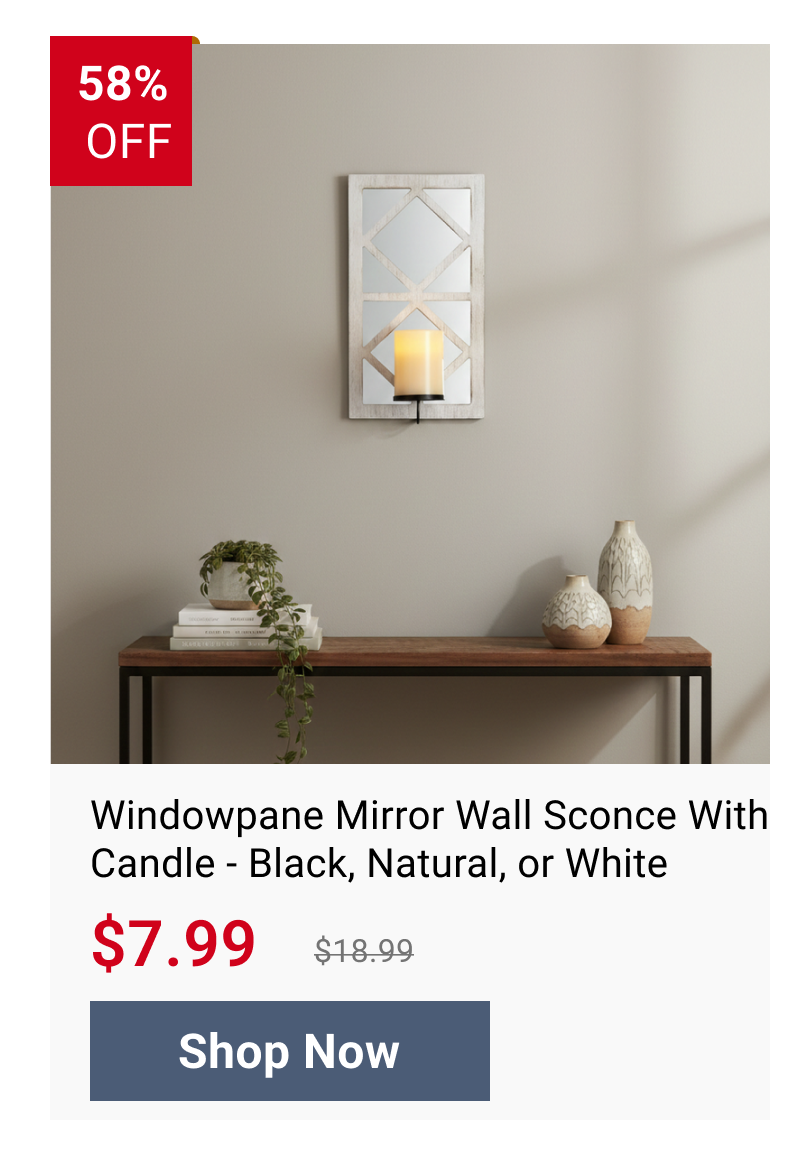 Windowpane Mirror Wall Sconce With Candle - Black, Natural, or White