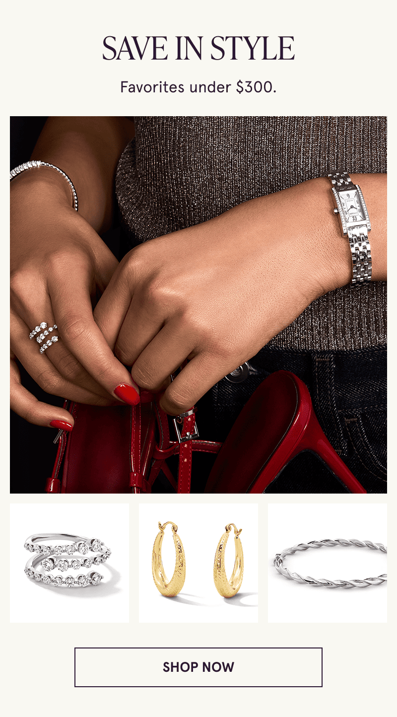Model wearing diamond jewelry holding a pair of high heels. Close ups of jewelry below. Faves under $300. Click to shop now