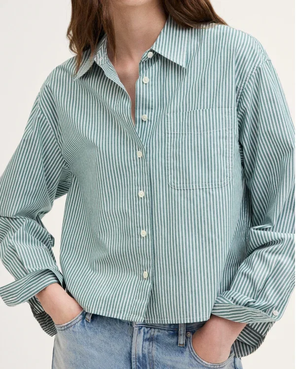 The Cropped Easy Shirt in dark forest and white stripe.