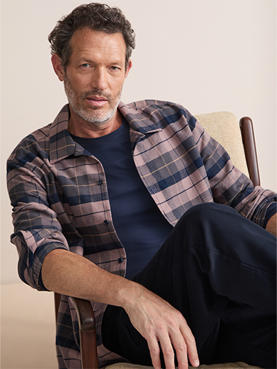 Men's Brushed Cotton Shirt in Navy and Dusty Pink Check