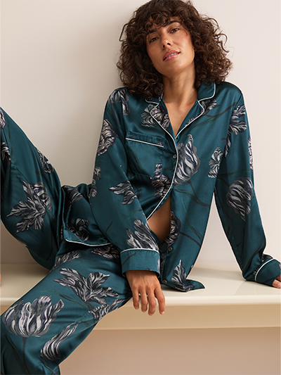 Women's Silk Pyjamas in Teal & Grey Tulip
