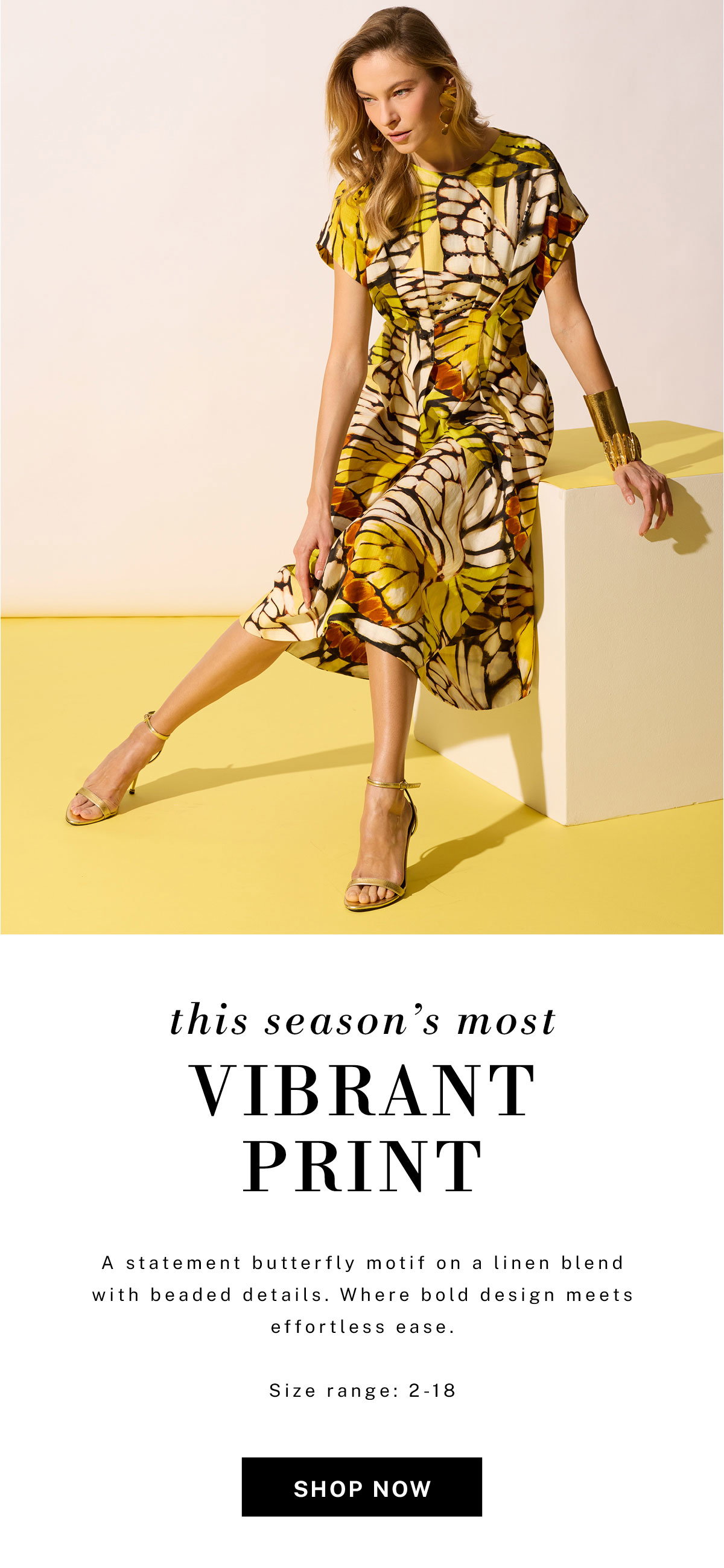A statement butterfly motif on linen blend with beaded details.