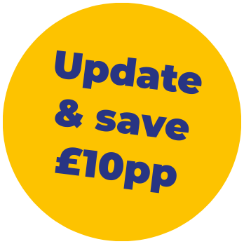 Yellow circular badge with bold text stating "Update & save £10pp".