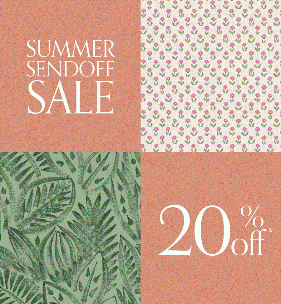 Gif image showing various samples of Tempaper peel and stick wallpaper with text "Summer Sendoff Sale 20% off"