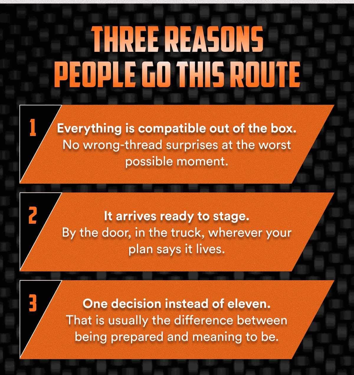 Three reasons people go this route 1 Everything is compatible out of the box. No wrong-thread surprises at the worst possible moment.