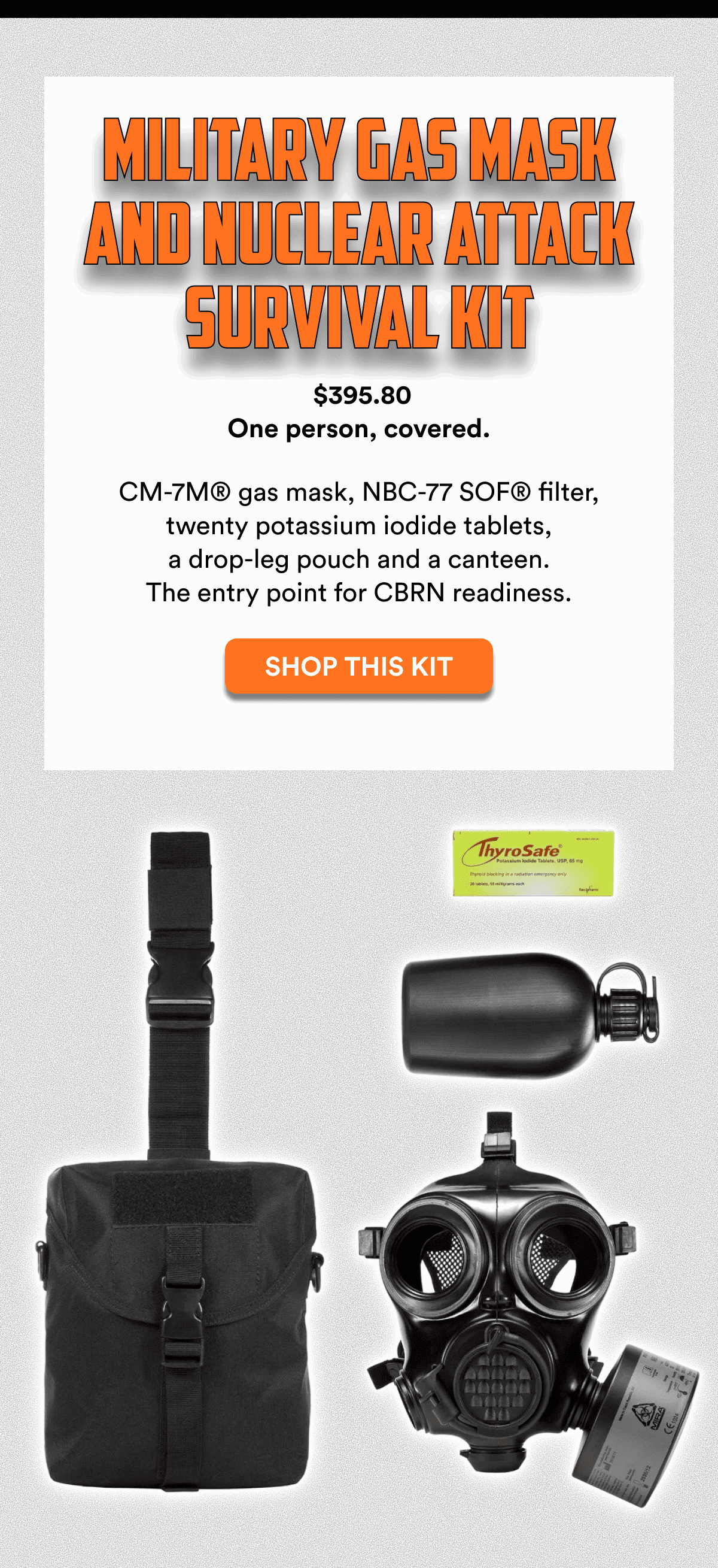ThyroSafe, a black canteen, a black gas mask, and a black bag with a strap.