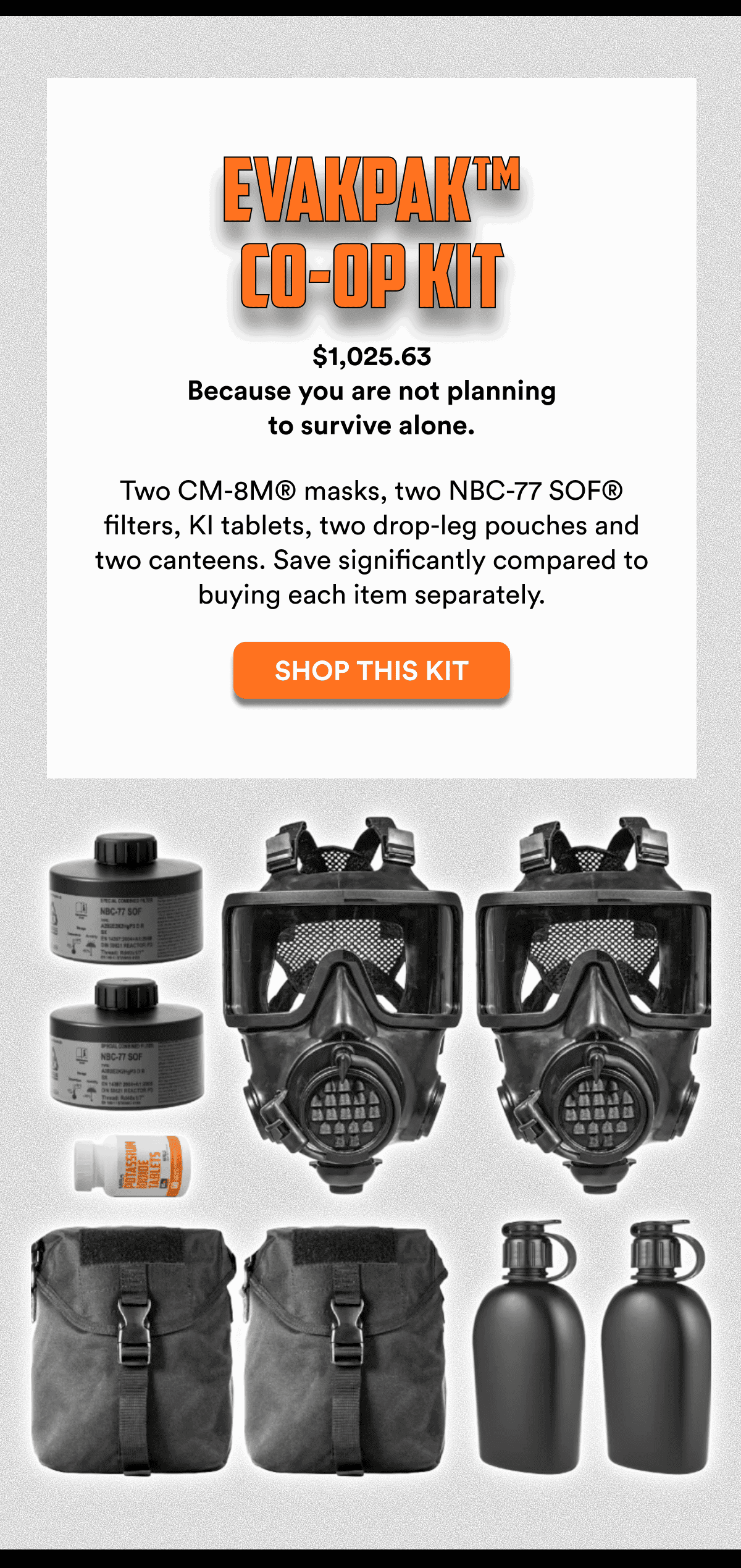 Two gas masks, two black water bottles, two black bags, and a bottle of pills.