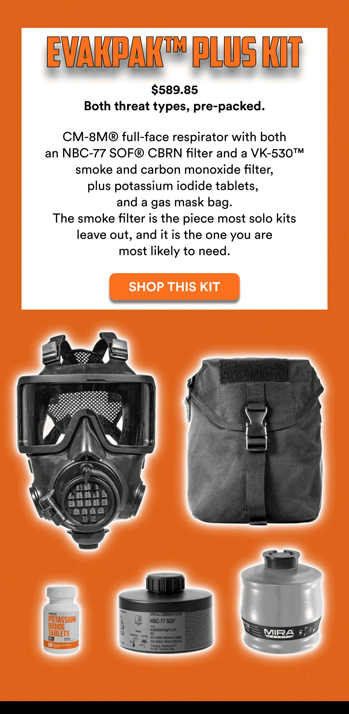 Gas mask, black pouch, potassium iodide tablets, black canister, silver canister.