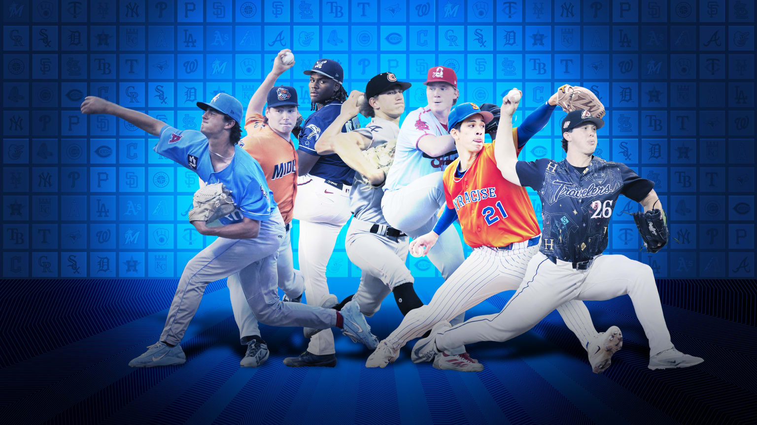 A collage of 7 of the Minor Leagues' top-performing pitchers