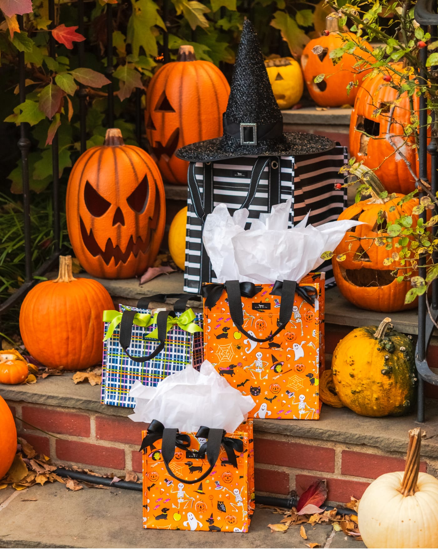 SCOUT gift bags in various sizes and patterns arranged among pumpkins and a witch hat.