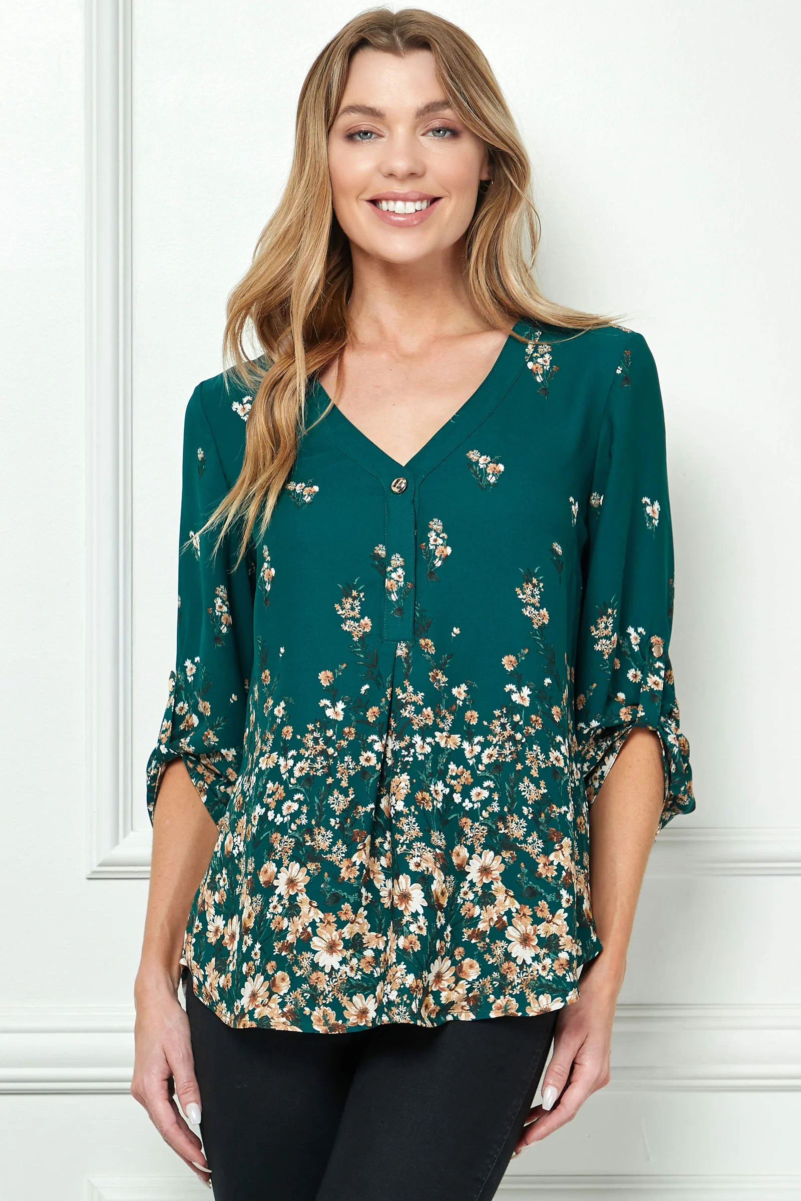 Image of 3/4 Button Tab Sleeve Big Button V-Neck Border Print Popover Blouse in Hunter Green