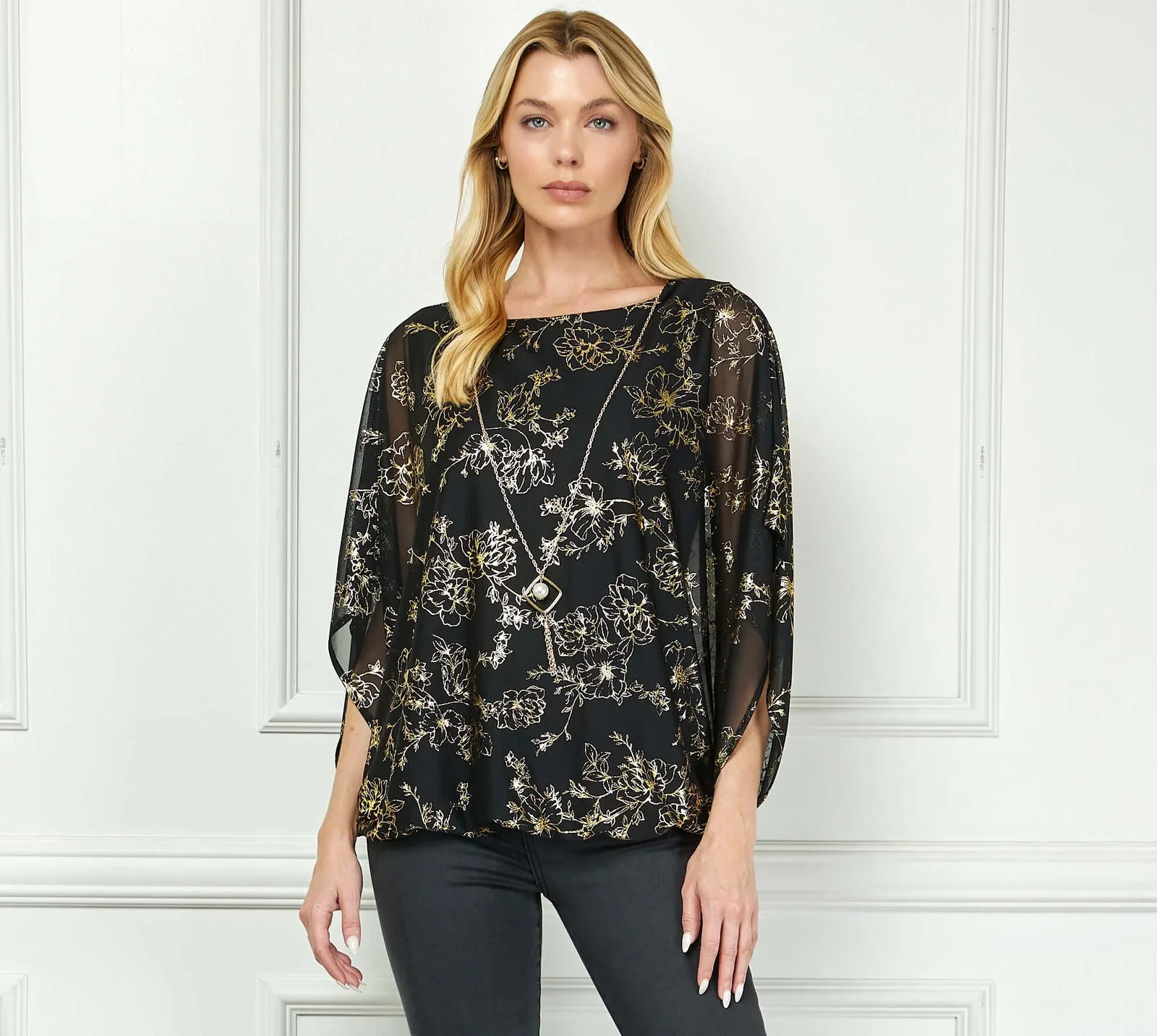 Image of Elbow Sleeve Poncho Necklace Bubble Blouse - Black