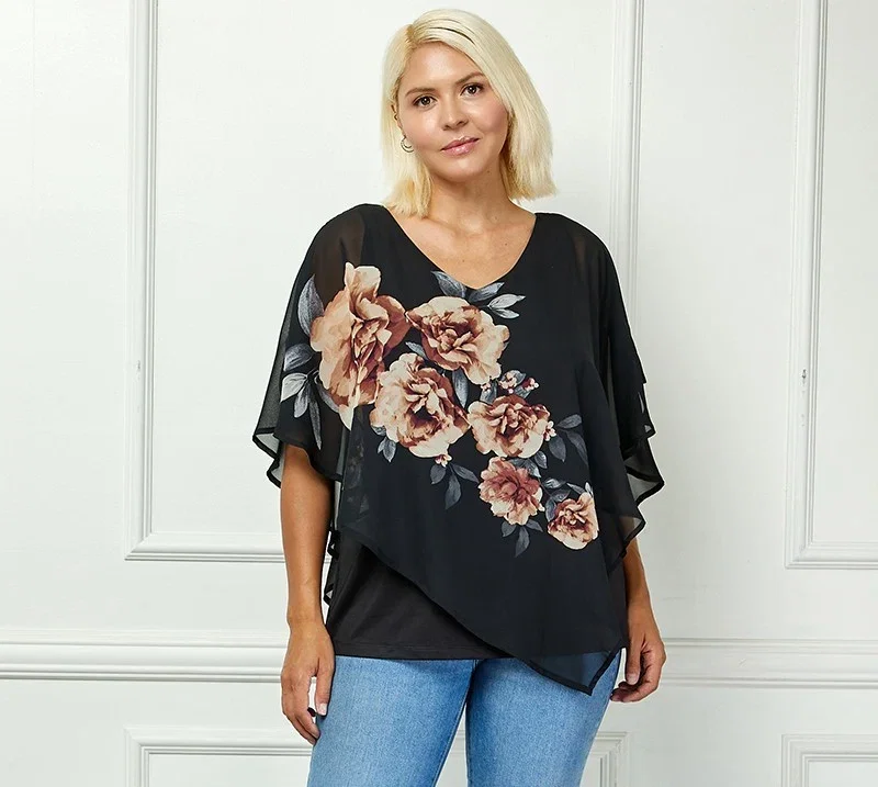 Image of Cold Shoulder Tie Sleeve Poncho with V-neck Tank Blouse - Black - Plus