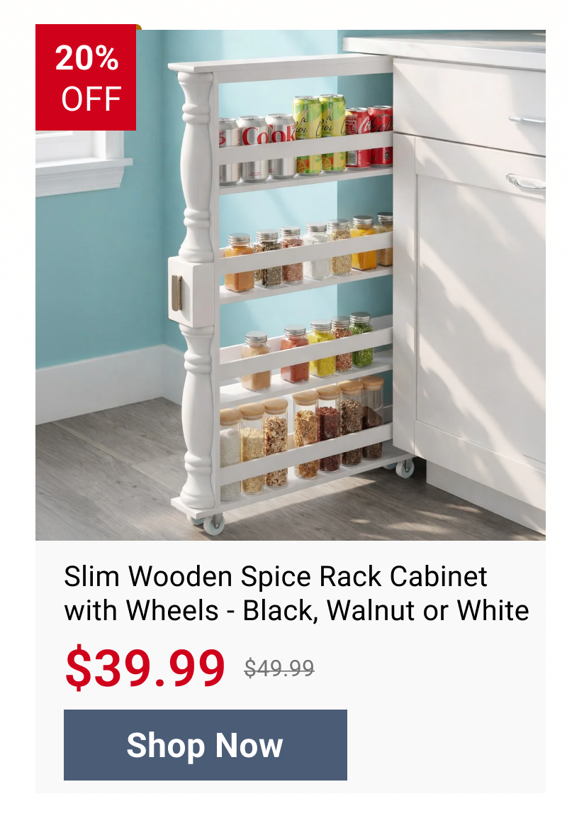 Slim Wooden Spice Rack Cabinet with Wheels - Black, Walnut or White