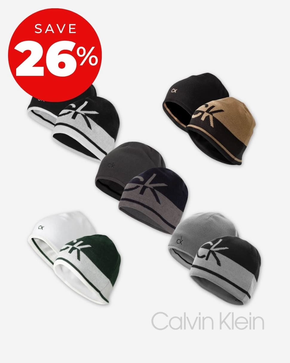 Calvin Klein Mens 2026 CK Logo Reverisible Striped Knit Beanie Hat