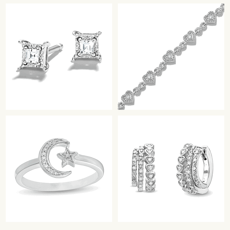 Assortment of silver-set diamond jewelry, including ring, studs, heart bracelet & heart huggies.