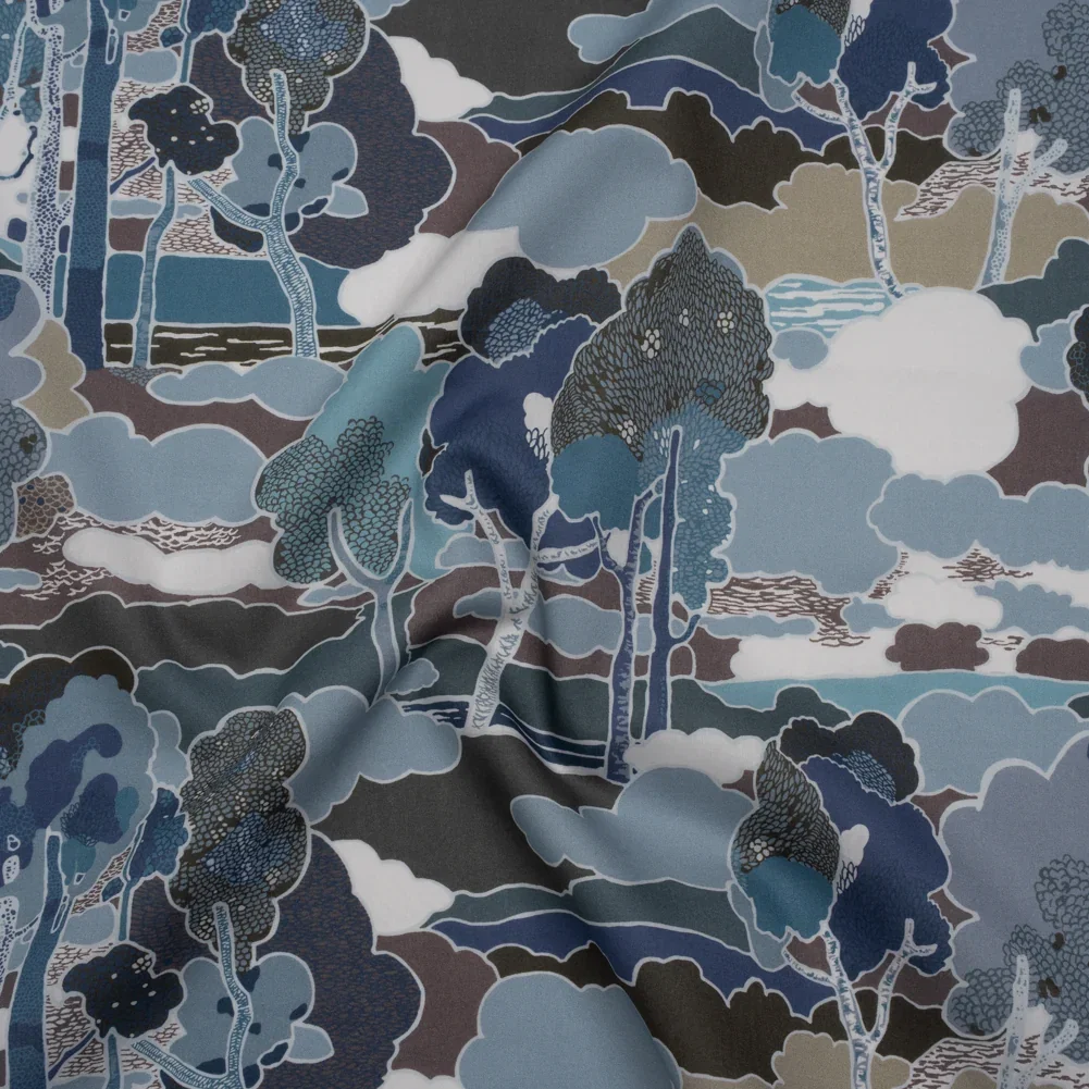 Image of Liberty Fabrics Tana Lawn® - Prospect Road Dark Blue - Navy, Storm Blue and Brown Tree Filled Landscape
