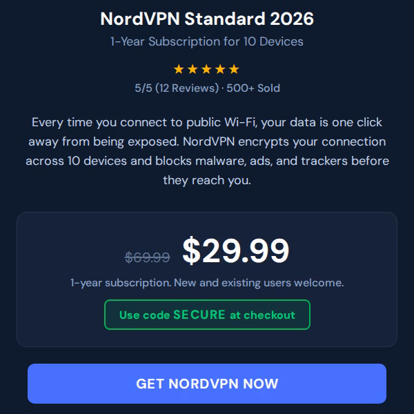 NordVPN Standard 2026 - VPN & Cybersecurity - 10 Devices: 1-Year Subscription