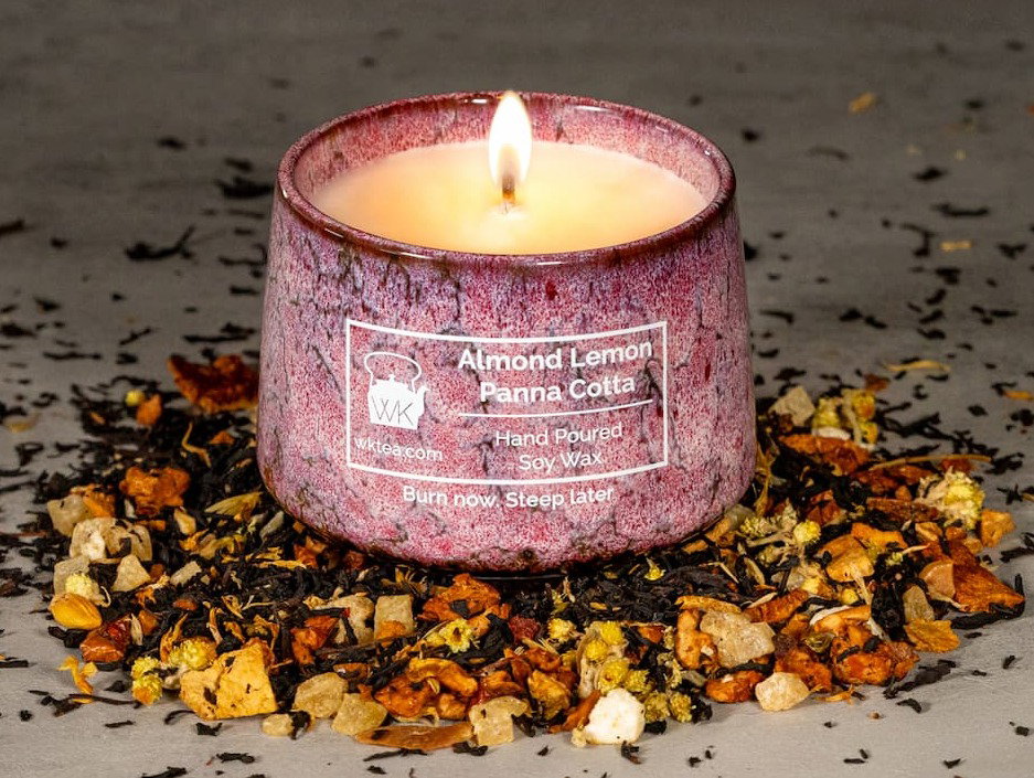 Almond Lemon Panna Cotta moroccan mosaic teacup candle on a mound of almond lemon panna cotta loose leaf tea